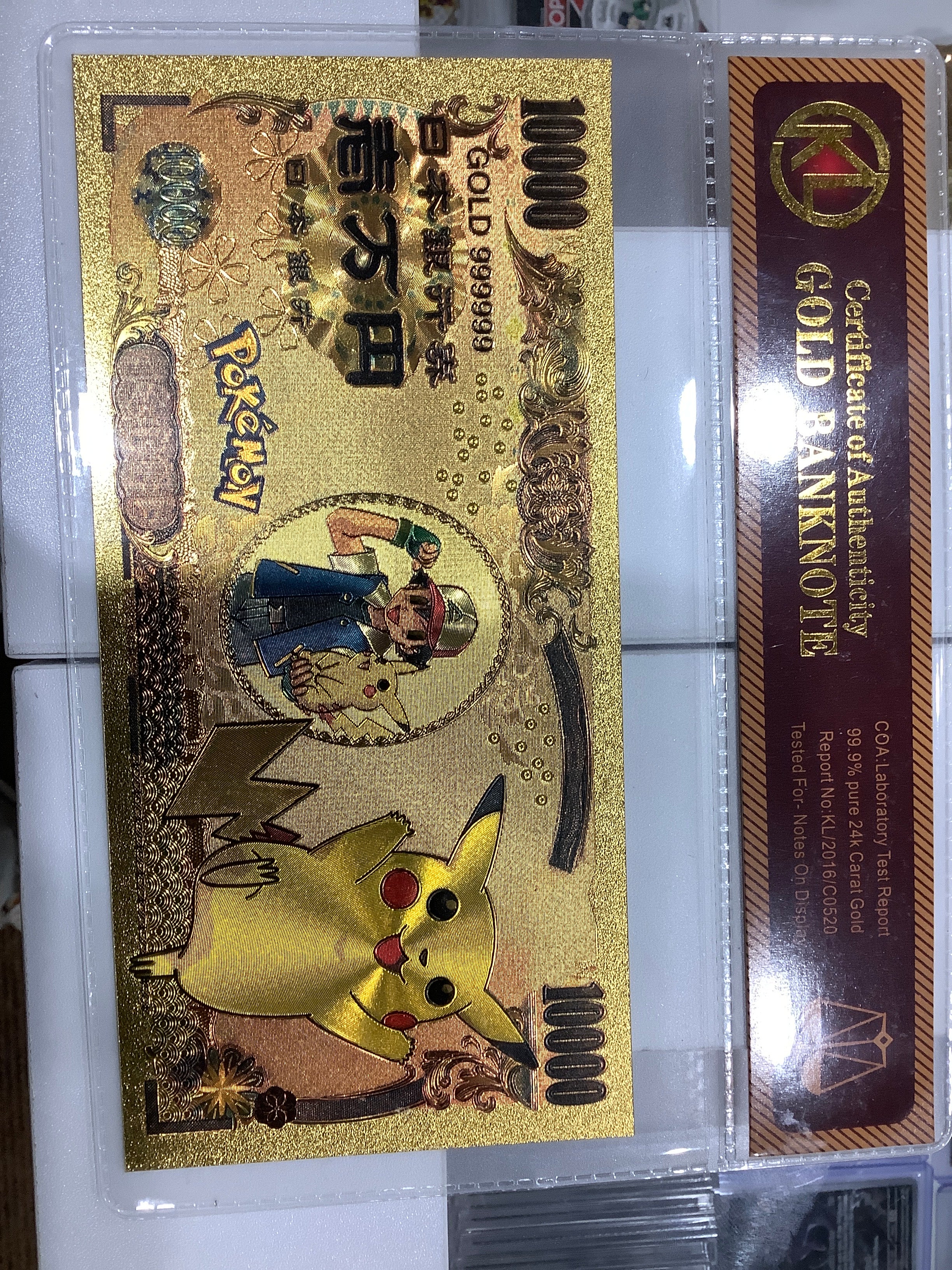 Pokemon Pikachu Ash 24KT Banknote